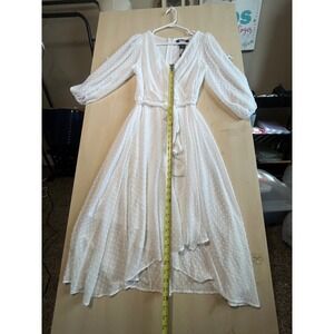 DKNY White Swiss Dot High Low Midi Dress Wrap Style Puff Sleeve Size 6 NWT